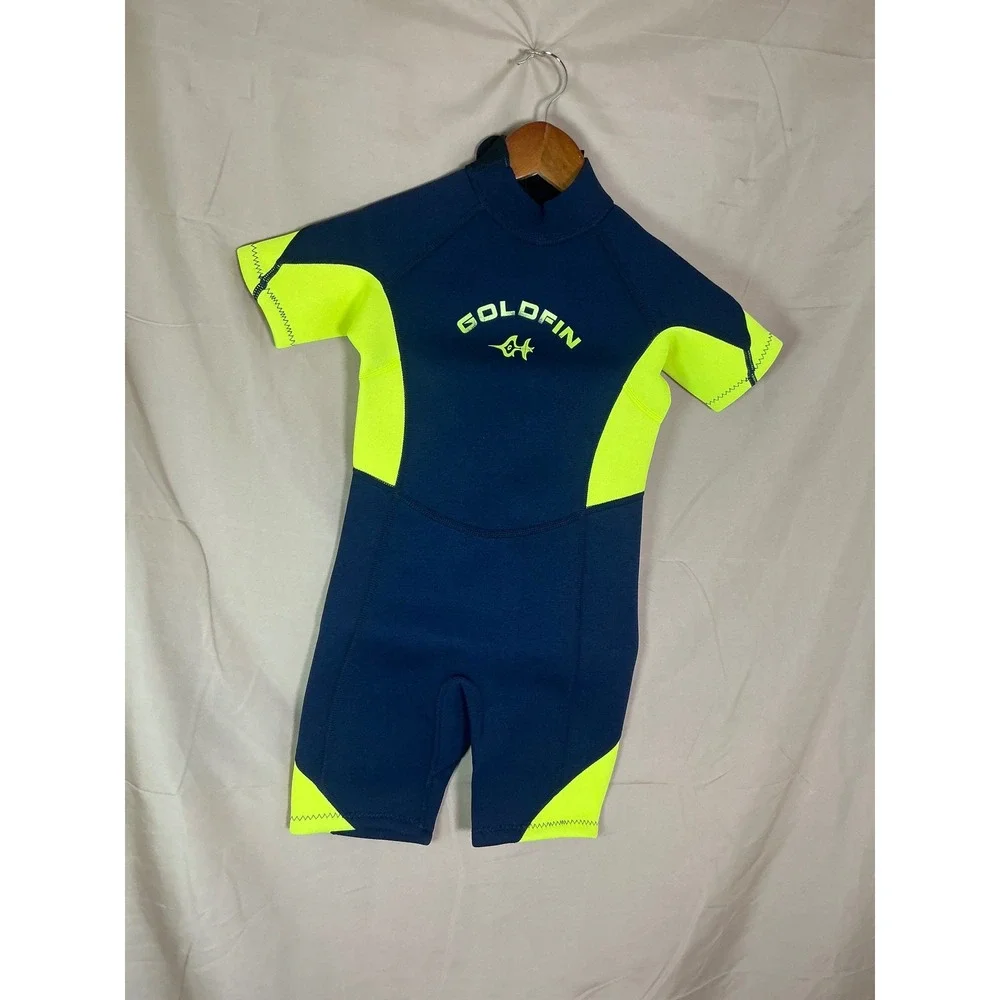 Goldfin Wetsuit Shorty Youth 8 Navy Blue Neon Yellow Excellent Back Zip Neoprene